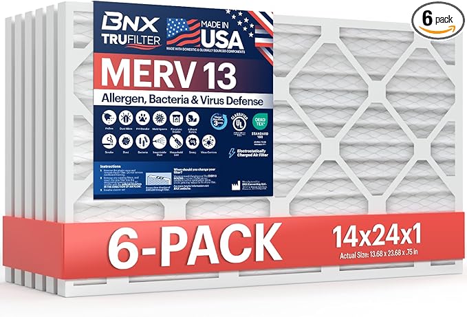 BNX TruFilter 14x24x1 Air Filter MERV 13 (6-Pack) - MADE IN USA - Electrostatic Pleated Air Conditioner HVAC AC Furnace Filters for Allergies, Pollen, Mold, Bacteria, Smoke, Allergen, MPR 1900 FPR 10