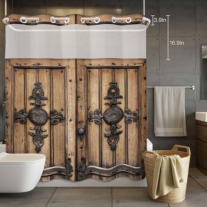 Wood Barn Door No Hook Shower Curtain with Snap in Liner Set, Waterproof Shower Curtains for Bathroom, Wooden Plank Fabric Shower Curtain, See Through Mesh Top Window, 72" W x 72" L