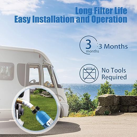 RV Inline Water Filter with Flexible Hose Protector, Certified by NSF to Reduce Bad Taste, Odors, Rust, Chlorine, Lead, Fluoride and More Sediment in Drinking Water (2 Packs)