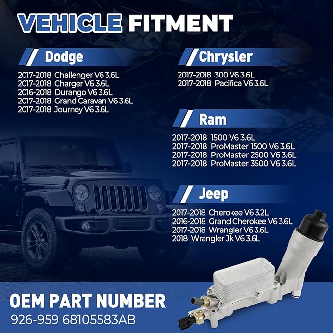 926-959 Upgrade Aluminum Engine Oil Cooler Oil Filter Housing for 2017-2018 Jeep Wrangler Grand Cherokee Dodge Challenger Charger Journey Caravan Durango Chrysler 200 300 Town Country Ram 3.6L 926-876