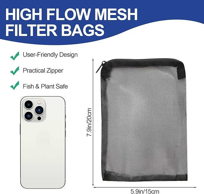 16 Pcs Aquarium Filter Media Bags with Plastic Zipper, Fish Tank Fine Mesh Bags for Activated Charcoal Aquarium, Reusable Aquarium Accessories for Carbon Bio Balls, Ceramic Rings(6in×8in and 4in×6in)