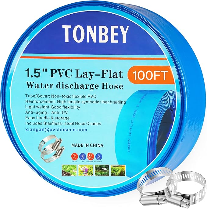 1.5" x 100 FT Pool Backwash Hose, Heavy Duty PVC Discharge Hose, Lay Flat Discharge Hose with 2 Clamps, Pool Drain Hoses for Inground Pools, Pool Filter, Weather and Burst Resistant, 6 Bar
