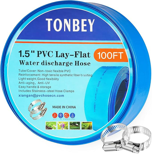1.5" x 100 FT Pool Backwash Hose, Heavy Duty PVC Discharge Hose, Lay Flat Discharge Hose with 2 Clamps, Pool Drain Hoses for Inground Pools, Pool Filter, Weather and Burst Resistant, 6 Bar