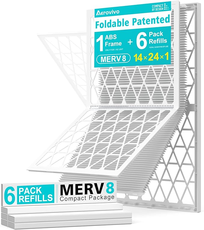 14x24x1 Refillable Air Filter Kit, MERV 8, 1 Reusable Foldable Frame ＆ 6 Refills, Fits Most AC HVAC Furnace Devices, Actual Size 13.75x23.75x0.75in