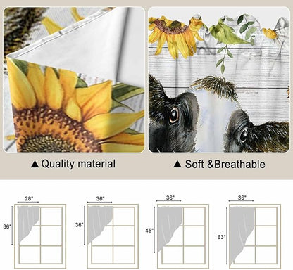 Retro Farmhouse Floral Swag Valances for Windows, Yellow Sunflowers Cows Butterfly Wood Rod Pocket Kitchen Curtains Valance, Small Window Curtains Swag for Cafe Living Room, 2 Panels, 36x36 inch