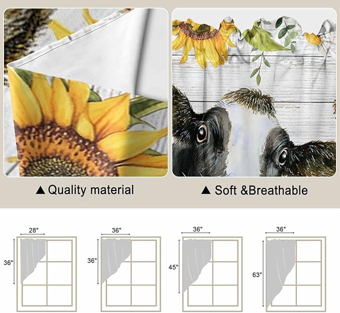 Retro Farmhouse Floral Swag Valances for Windows, Yellow Sunflowers Cows Butterfly Wood Rod Pocket Kitchen Curtains Valance, Kitchen Window Curtains Swag for Cafe Living Room, 2 Panels, 36x63 inch
