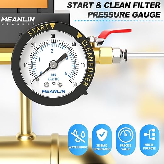 MEANLIN MEASURE 0~60Psi Plastic Frame 1/4" NPT Start and Clean Filter Pressure Gauge, Suitable for Swimming Pool, Spa, Aquarium (0-60Psi/0-4BAR/KIT, Center Back Mount)