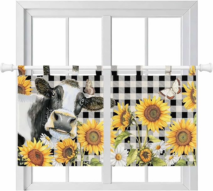 Retro Sunflowers Kitchen Curtains 24 Inch Length, Small Window Curtains Tab Top, Farmhouse Floral Cow Butterfly Black Plaid Light Filtering Short Window Treatments Tier Drapes 27.5"x24" 2 Panel