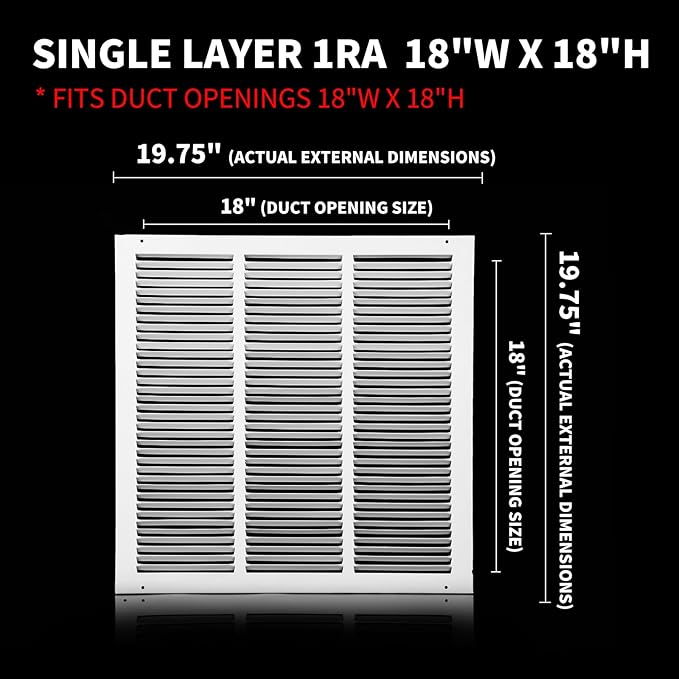 18x18 Air Return Grille(Duct Opening Size),Air Return Vent Cover,Flat Vent Cover,Rejillas De Aire Acondicionado Para Casa,Return Air Grilles,Outer Dimensions:19.75"Wx19.75"H(18"W x 18"H, Duct Opening)