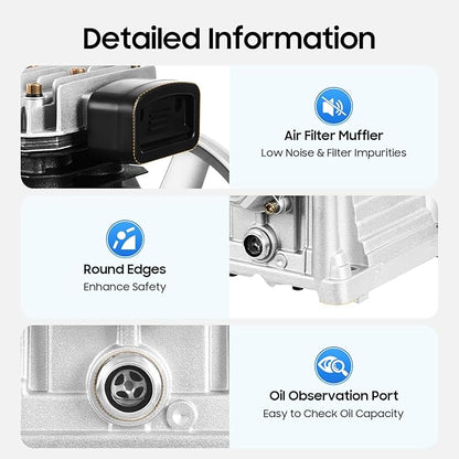 Air Compressor Pump Head, 3hp Air Compressor Pump-Head, 2200w Portable 66Gal/Min 10.24in Pulley Outer Diameter Aluminum Painting Transfer Pumps W/Air Filter Muffler, Extended Cylinder