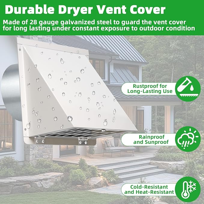 4 Inch Dryer Vent Cover Outside with Mesh and Damper,Wall Vent Exhaust Vent Cover,4" Metal Dryer Vent Cover Outdoor,Exterior Dryer Vent Hood Outlet Cap for Laundry Dryer Range Hood AC Air Vent,White