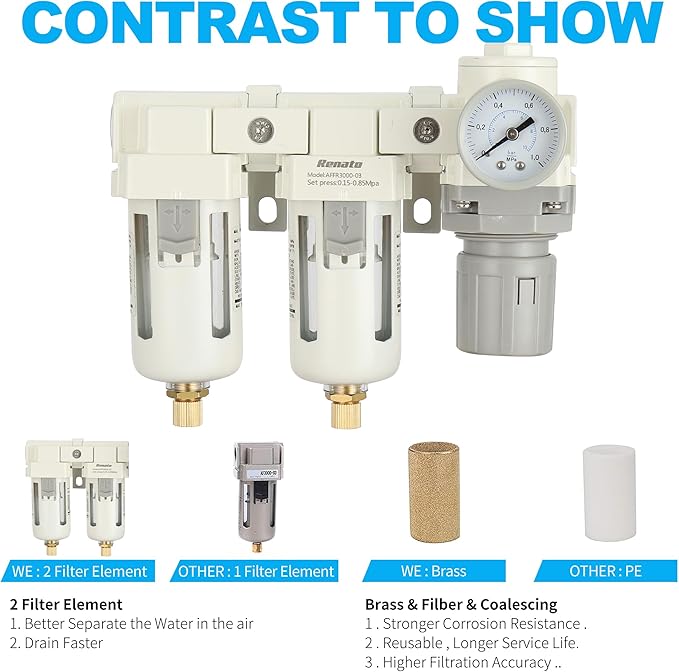 3/8" NPT Three Stage Air Drying System - 5 Micron Particulate Filter Air Pressure Regulator Combo - 0-125psi Gauge, Semi-Auto Drain, Metal Bracket
