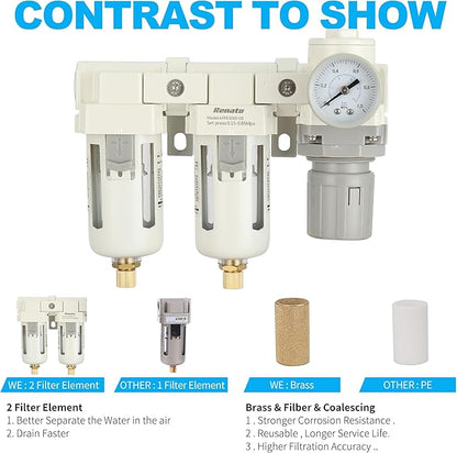 3/8" NPT Three Stage Air Drying System - 5 Micron Particulate Filter Air Pressure Regulator Combo - 0-125psi Gauge, Semi-Auto Drain, Metal Bracket