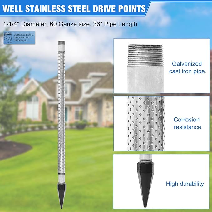 Well Point 1-1/4, Sand Points Well, 1-1/4 Drive Point Well, Well Stainless Steel Drive Points, Heavy Duty Shallow Well Point, 36-Inch Pipe Length 60 Gauze, Stainless Steel Gauze and Screen