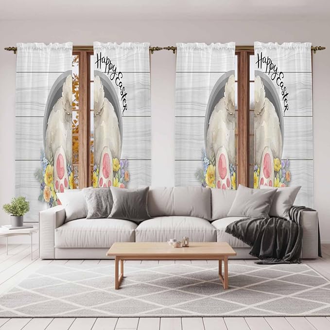 Easter Bunny Window Curtains 72 Inch Long 2 Panel Set,Rod Pocket Long Curtains & Drapes,3D Optical Illusion Farmhouse Flower Wood Grain Light Filtering Window Treatment for Bedroom 52"W x 72"L