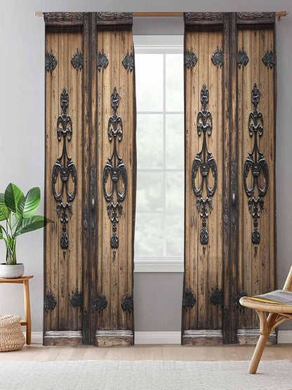 Sheer Curtains 108 Inches Long, Barn Door Semi Sheer Curtains Light Filtering Window Treatment, Farmhouse Wooden Grain Rustic Tribal Pattern Privacy Voile Drapes for Living Room Bedroom 52x108 Inch
