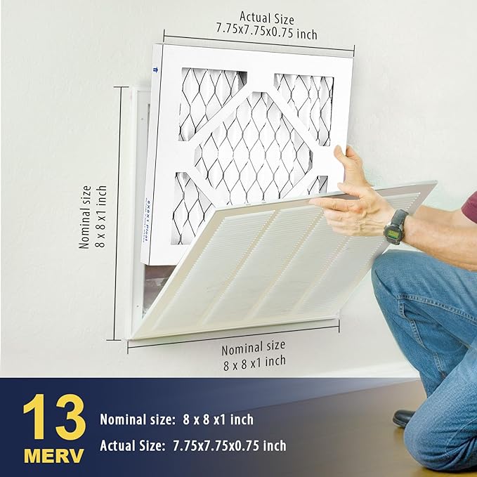 8×8×1 MERV 13 Furnace Air Filters - HVAC/Furnace AC Filter Replacement (Actual Size 7.75x7.75x0.75) - Pleated Dust Defense Air Conditioner Filters for Home Office (2 Pack)