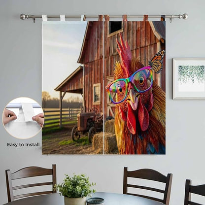 Farm Rooster Bedroom Curtains 72 Inch Length, Window Curtains Tab Top, Farmhouse Barn Funny Animals Butterfly Light Filtering Window Treatments Drapes 52"x72" 2 Panel