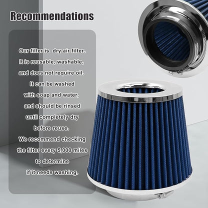 RYANSTAR RACING 89mm 3.5" High Flow Round Tapered Cone Cool Air Filter Cleaner with Top Filter Design Short 150mm tall Blue