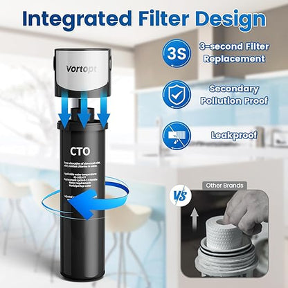 Vortopt Under Sink Water Filter System,NSF/ANSI 42 Certified Water Purifier,28000 Galloons Large Flow Flux,Reduces PFOA/PFOS,Chlorine,Bad Odors,Direct Connect to Kitchen Faucet (Black-Q5-C2-28000GAL)