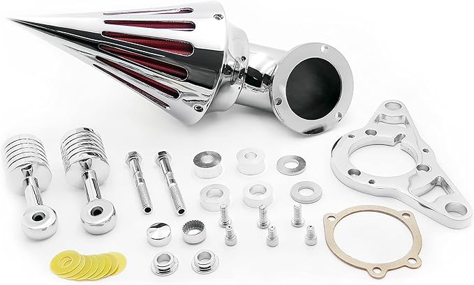 Cone Spike Air Cleaner Intake with Red Filter for Dyna Wide Glide 1999-2007 Road King 1999-2007 Fat Boy 2000-2007 Chrome