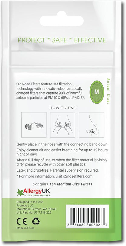 O2 Nose Filters with 3M Filtration - Nasal Screens for Allergies, Dust & Smoke - Drug-Free & Latex-Free Nose Filters - Invisible Allergy Protection (Medium x 10)