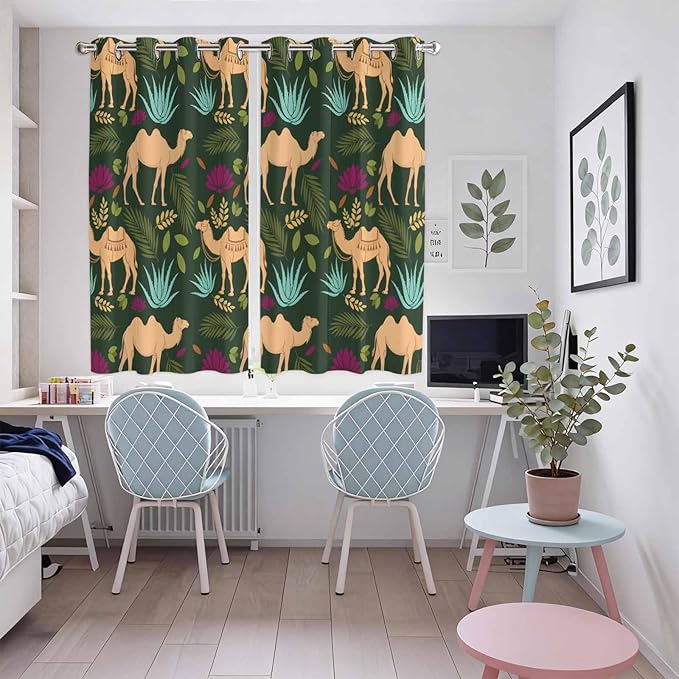 2 Panel Kitchen Cafe Curtains, Retro Desert Camel Sunlight Filtering Nature Air Through, Window Decor Tier Curtains for Living Room 104W x 72L inch Tropical Animal Aloe Vera Leaves Dark Green