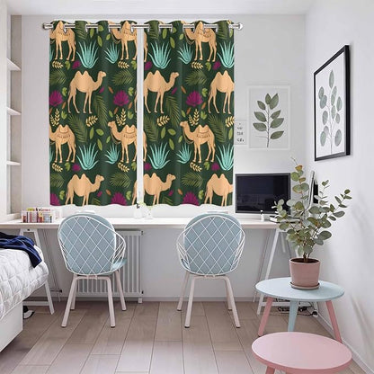 2 Panel Kitchen Cafe Curtains, Retro Desert Camel Sunlight Filtering Nature Air Through, Window Decor Tier Curtains for Living Room 104W x 72L inch Tropical Animal Aloe Vera Leaves Dark Green
