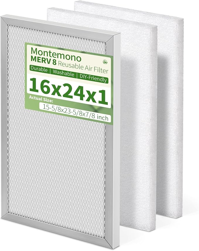 16x24x1 Reusable Air Filter MERV 8 Washable Furnace & AC Filter with 2 Extra Media Pads, Aluminum Electrostatic Air Filters for Home, Fits HVAC System, Air Conditioner, Air Handler