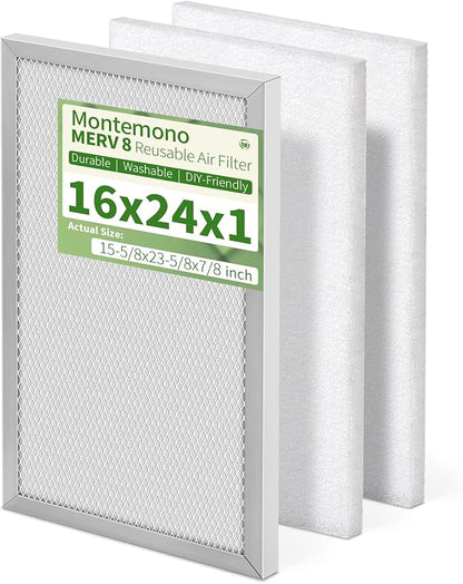 16x24x1 Reusable Air Filter MERV 8 Washable Furnace & AC Filter with 2 Extra Media Pads, Aluminum Electrostatic Air Filters for Home, Fits HVAC System, Air Conditioner, Air Handler