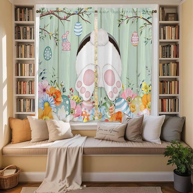 Easter Window Curtains 63 Inch Long 2 Panel Set, Rod Pocket Bedroom Curtains & Drapes, Spring Watercolor Bunny Eggs Wooden Grain Green Light Filtering Window Treatment for Living Room 42"W x 63"L