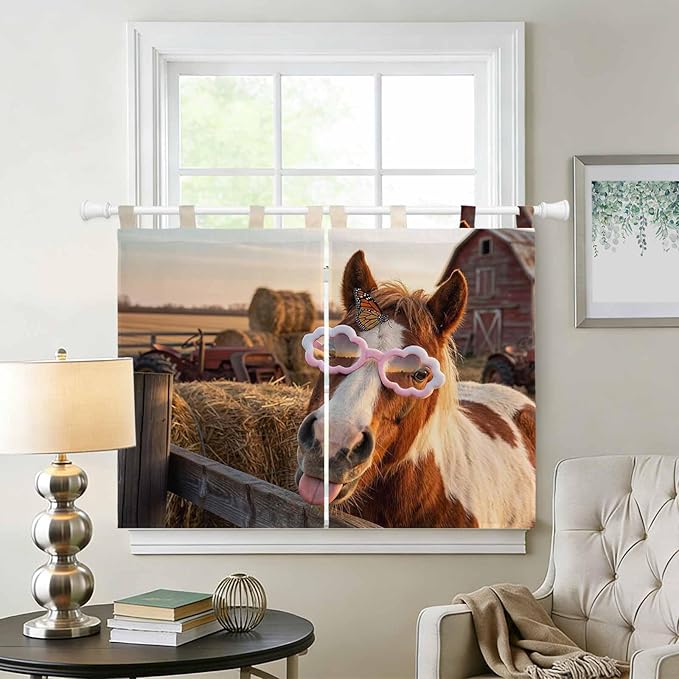 Farm Horses Kitchen Curtains 45 Inch Length, Short Cafe Window Curtains Tab Top, Farmhouse Barn Funny Animals Butterfly Light Filtering Window Treatments Tier Drapes 27.5"x45" 2 Panel