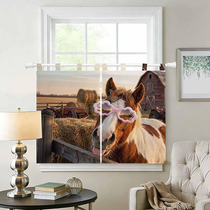 Farm Horses Kitchen Curtains 45 Inch Length, Short Cafe Window Curtains Tab Top, Farmhouse Barn Funny Animals Butterfly Light Filtering Window Treatments Tier Drapes 27.5"x45" 2 Panel