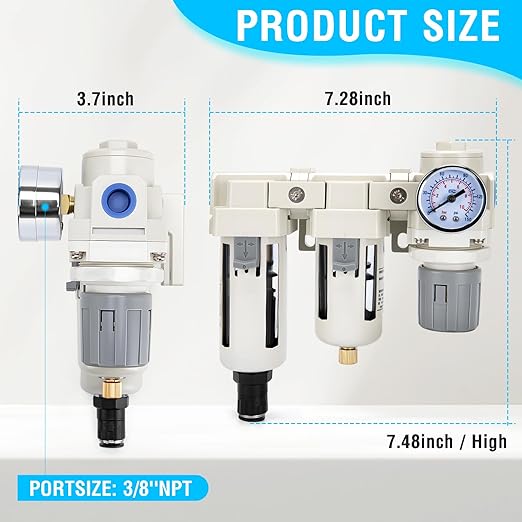 Air Pressure Regulator 3/8 NPT Auto Drain and Semi-Auto Drain Double Air Filters, Air Compressor Water Separator 0-150PSI, Air Drying System, Polycarbonate Bowl