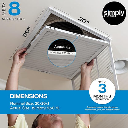 Simply 20x20x1 Air Filter, Merv 8, MPR 600, 6 Pack, Furnace Air Filter for HVAC (Actual Size: 19.75"x19.75"x0.75") DUST, Pet, & Allergy Control