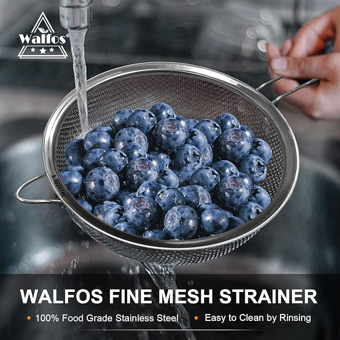 Walfos 8.6 Inch Large Fine Mesh Strainer, Kitchen Metal Food Strainers with Sturdy Handle, Stainless Steel 30 Mesh Sieve Sifters for Rice, Quinoa, Pasta, Fruits, Vegetables, etc.