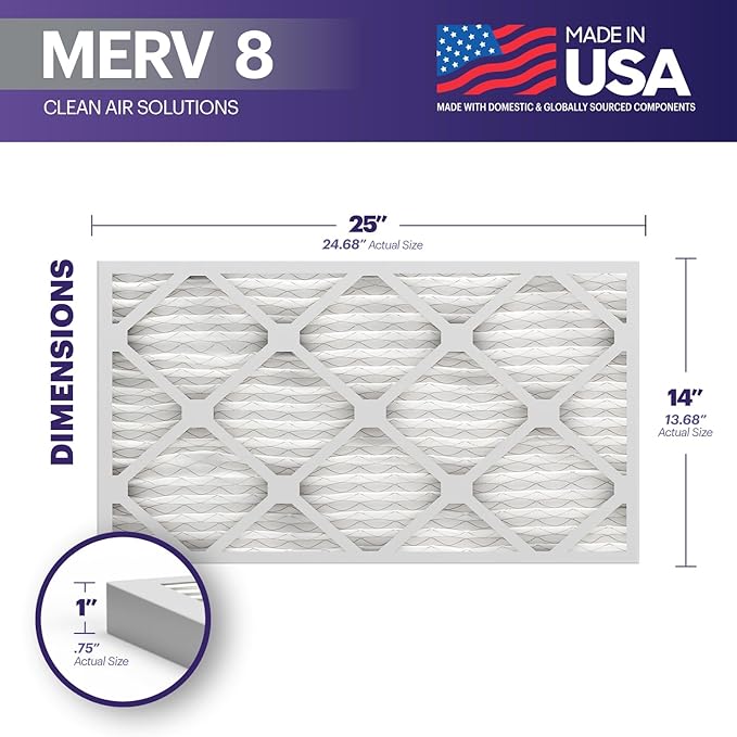 BNX TruFilter 14x25x1 Air Filter MERV 8 (12-Pack) - MADE IN USA – Dust & Pet Defense Electrostatic Pleated Air Conditioner HVAC AC Furnace Filters for Dust, Pet, Mold, Pollen MPR 600 – 700 & FPR 5