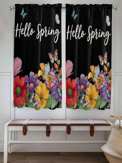 Spring Flowers Living Room Curtains 72 Inches length, Watercolor Country Colorful Floral Black Window Treatment Curtain Drapes, Light Filtering Drapes for Bedroom Laundry Room, 52"x72", 2 Panels