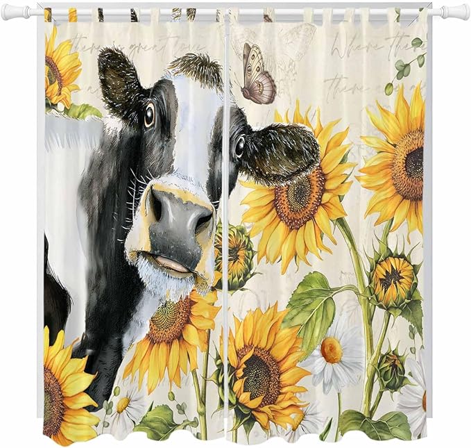 Yellow Sunflowers Living Room Curtains 84 Inch Length, Window Curtains Tab Top, Country Cow Flower Butterfly Farmhouse Cream Light Filtering Window Treatments Drapes 52"x84" 2 Panel