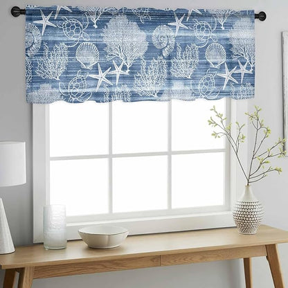 Navy Blue Retro Summer Sheer Valance Curtains, Sea Turtle Starfish Coral Ocean Light Filtering Kitchen Valances Rod Pocket Voile Curtain Window Treatment for Bedroom/Living Room/Basement 42Wx18L