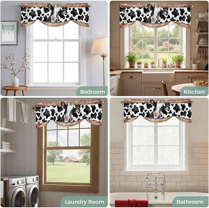 Cow Printed Tie Up Valance Curtains for Windows, Kitchen Curtains Window Shades, Farmhouse Watercolor Country Wooden Grain Light Filtering Roman Curtain Valances for Bedroom/Bathroom/Cafe 42"x12"