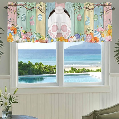 Easter Curtain Valances for Windows, Kitchen Valance Window Treatment, Spring Colorful Bunny Eggs Flower Wood Grain Light Filtering Block Curtains for Bathroom/Bedroom/Living Room 54'' x 18''