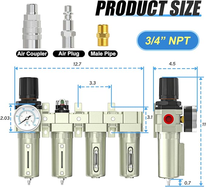 3/4" NPT Heavy Duty Industrial Grade 4 Stage Air Drying System,Coalescing Filter,Particulate Filter,Double Desiccant Dryer and Air Regulator,Manual Drain,For Plasma Cutter and Paint Spray