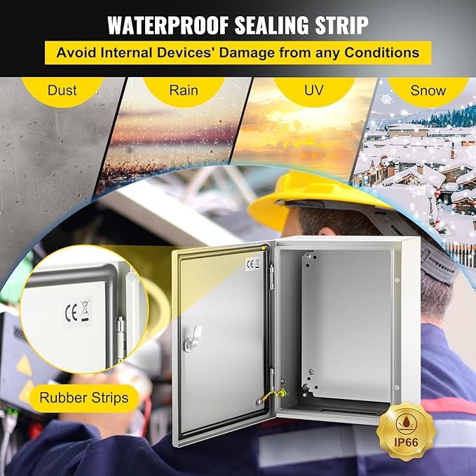 VEVOR Electrical Enclosure Box, 16'' ×12'' ×6'', Carbon Steel Hinged Junction Box, IP66 Waterproof & Dustproof, Outdoor Electrical Box, with Mounting Plate
