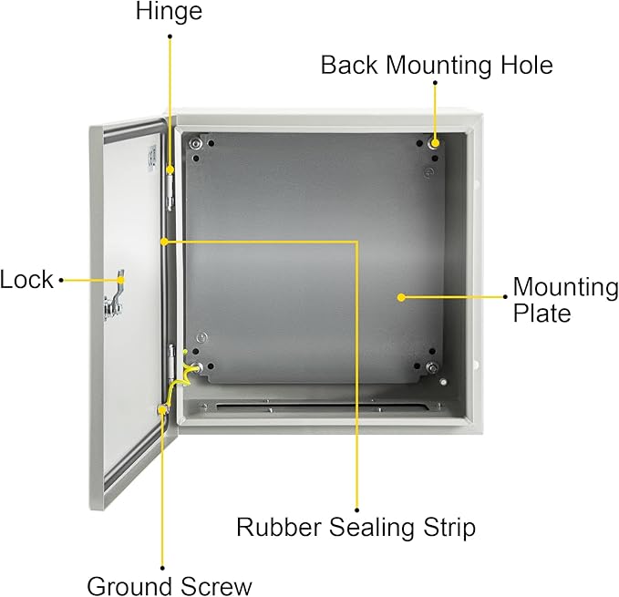 VEVOR NEMA Steel Enclosure, 16 x 16 x 8'' NEMA 4X Steel Electrical Box, IP66 Waterproof & Dustproof, Outdoor/Indoor Electrical Junction Box, with Mounting Plate