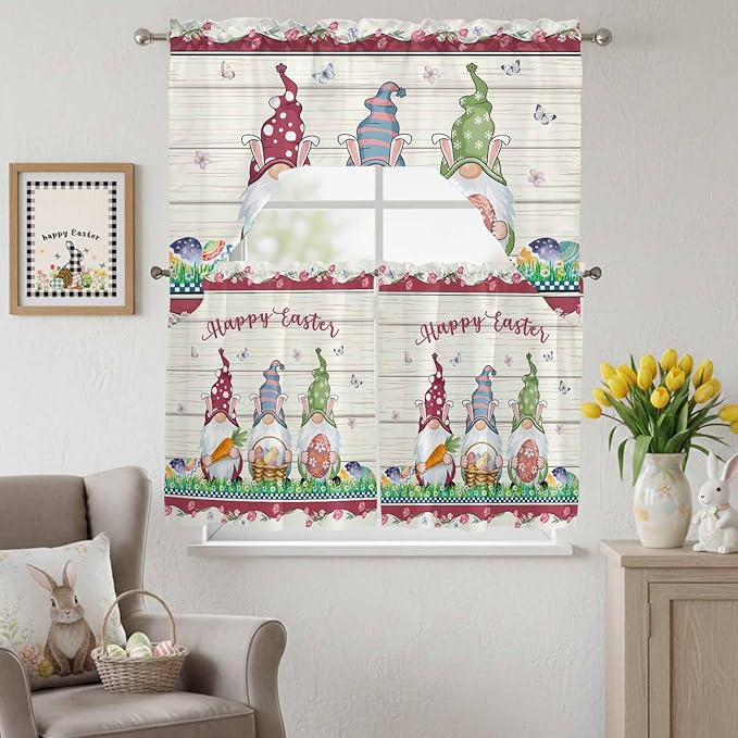 Swag Valance Curtains, Happy Easter Gnomes with Eggs on Grass Rod Pocket Valances Swag Topper for Kitchen Windows, Spring Floral on Wood Barn Light Filtering Short Curtain for Bedroom Bathroom 56x36In