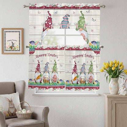 Swag Valance Curtains, Happy Easter Gnomes with Eggs on Grass Rod Pocket Valances Swag Topper for Kitchen Windows, Spring Floral on Wood Barn Light Filtering Short Curtain for Bedroom Bathroom 56x36In
