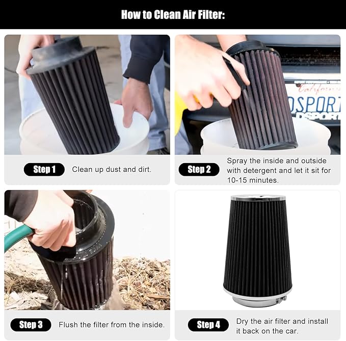 RYANSTAR 102mm 4" High Flow Round Tapered Cone Cool Air Filter Cleaner with Top Filter Design Short 231mm tall Black