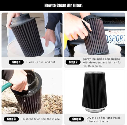 RYANSTAR 102mm 4" High Flow Round Tapered Cone Cool Air Filter Cleaner with Top Filter Design Short 231mm tall Black