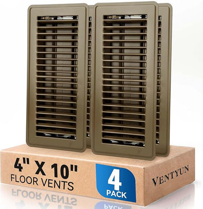 4" x 10" Floor Register Vent Covers 4-Pack, Walkable Powder-Coated Metal Vent Covers with Adjustable Airflow, Curved Safe Edges for Floor/Wall, Brown